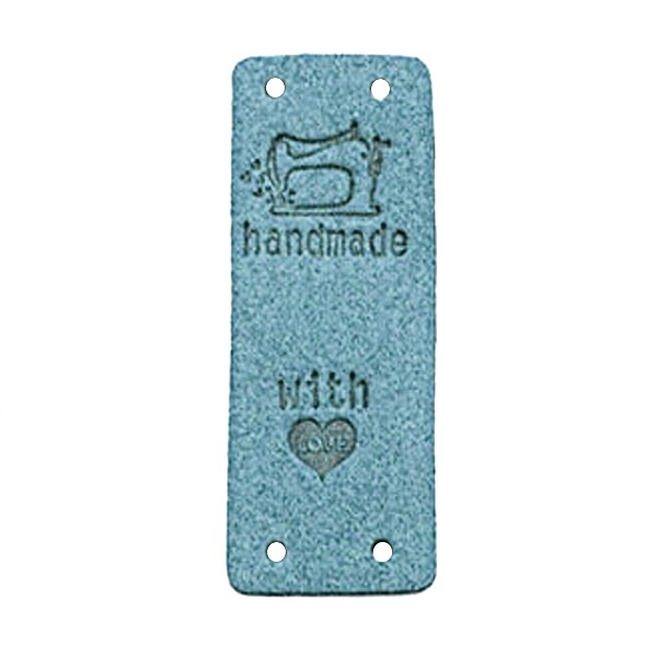 Klappbar - Aufschrift "handmade..." mit Nähmaschine auf blau