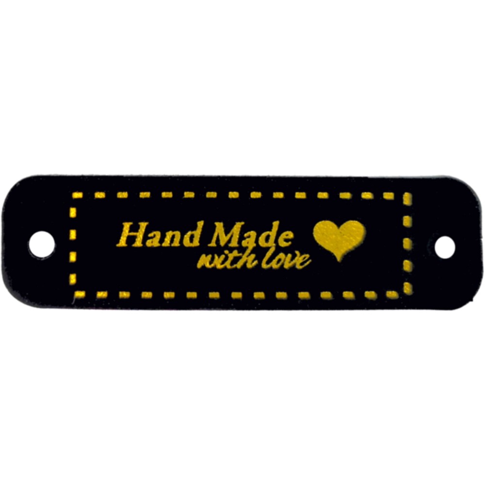 Black leatherette label "Handmade ..." with golden letters